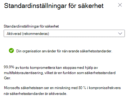 Dialogrutan Aktivera standardinställningar för Azure Active Directory-egenskaper.