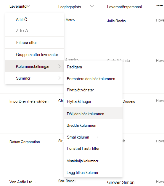 Kolumninställningarna > Alternativet Dölj den här kolumnen när en kolumnrubrik är markerad i en modern Lista eller ett bibliotek i SharePoint