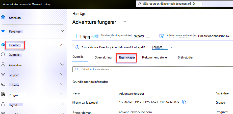 Egenskapsobjektet i administrationscentret för Azure Active Directory (AAD).