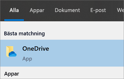 Skärmbild av att söka efter OneDrive-skrivbordsprogrammet i Windows 10