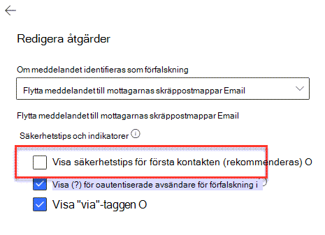 Åtgärdspanelen mot nätfiske med alternativet Visa första kontaktsäkerhetstips markerat.