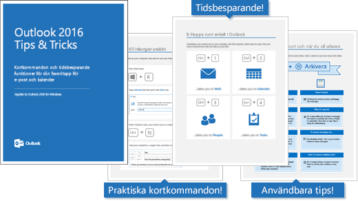 Försättsblad för Tips och trick för Outlook 2016, sidor som visar några tips