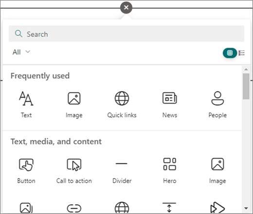 เลือกวงกลมในหน้า SharePoint ที่คุณกําลังแก้ไขเพื่อดู Web Part ที่พร้อมใช้งาน