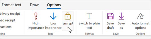 แถบเครื่องมือจดหมายใหม่มีปุ่มเข้ารหัสที่คุณสามารถเลือกตัวเลือกการเข้ารหัสลับได้