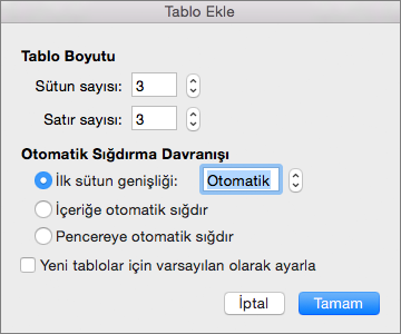 Özel tablo oluşturma ayarlarını gösterir