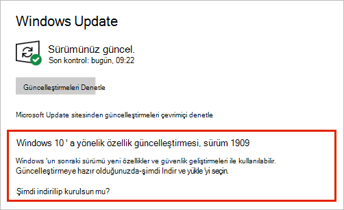 Özellik güncelleştirme yerleşimini gösteren Windows Update