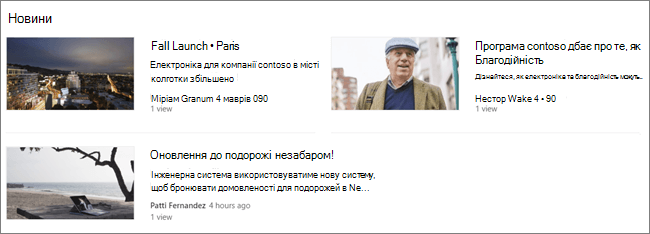 Знімок екрана: веб-частина "Новини" сайту SharePoint, де відфільтровано записи