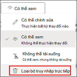 Ảnh chụp màn hình quyền chia sẻ với loại bỏ quyền truy nhập trực tiếp được tô sáng.