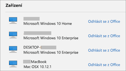Zobrazuje zařízení s Windows a Mac a odkaz pro odhlášení z Office na webu account.Microsoft.com