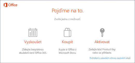 Snímek obrazovky zobrazující výchozí možnosti pro vyzkoušení, zakoupení nebo aktivaci na počítači, ve kterém je Office předinstalovaný.