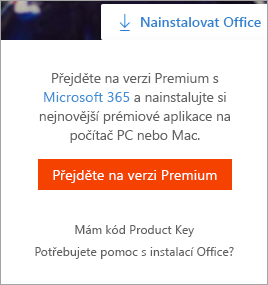 Zpráva Přejít na premium, která se zobrazí, když je vybrané tlačítko instalace Office.