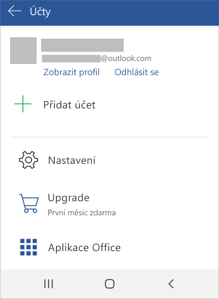 Zobrazuje možnost Odhlásit se z Office na zařízení s Androidem