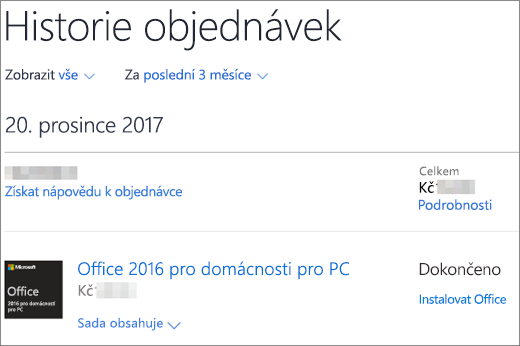 Stránka Historie objednávek v Microsoft Storu