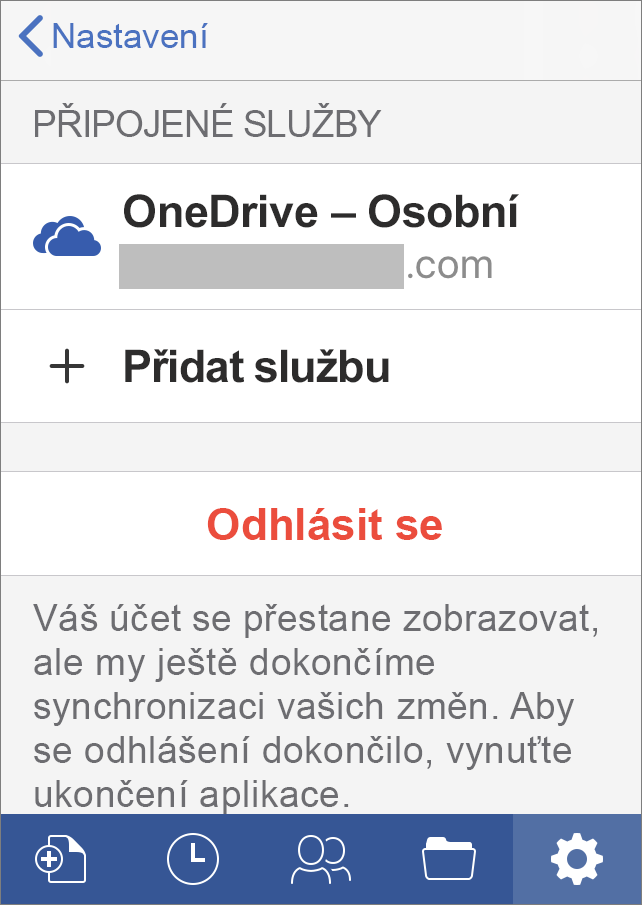 Zobrazuje možnost Odhlásit se v Office pro iOS.