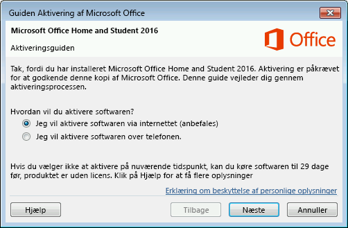 Viser guiden Aktivering af Microsoft Office