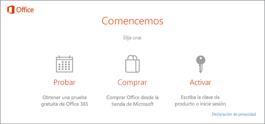 Una captura de pantalla que muestra las opciones de prueba, compra o activación que aparecen de forma predeterminada en un equipo que viene con Office preinstalado.