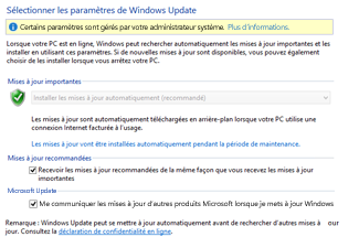 Paramètres Windows Update de Windows 8 dans le Panneau de configuration