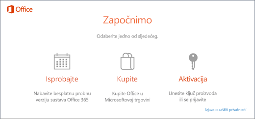 Snimka zaslona koja prikazuje zadane mogućnosti isprobavanja, kupnje ili aktivacije za PC s unaprijed instaliranim sustavom Office.
