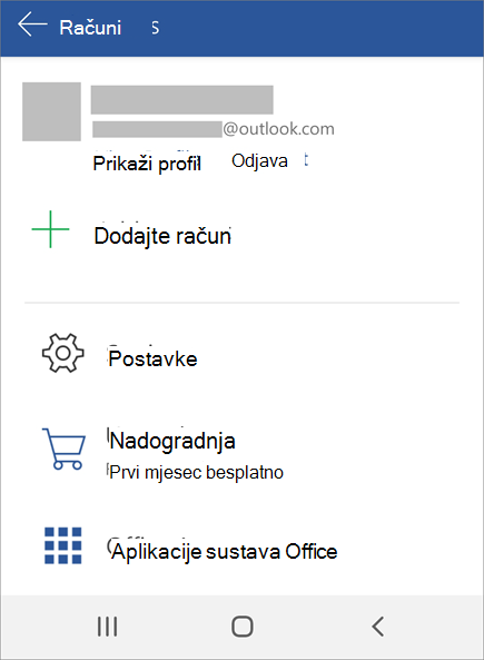 Prikazuje mogućnost odjave iz sustava Office na uređaju Android