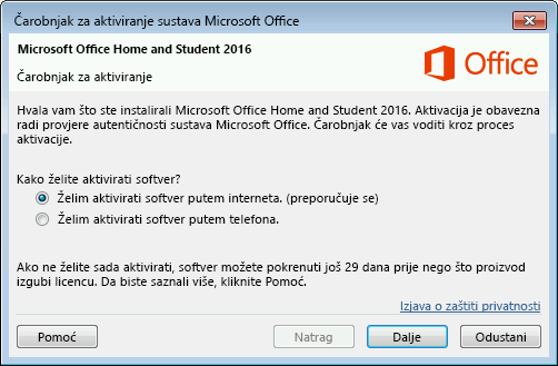 Prikazat će se čarobnjak za aktivaciju sustava Microsoft Office