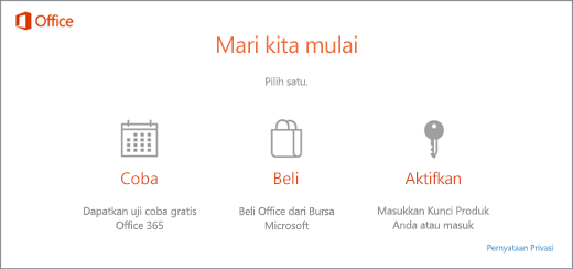 Cuplikan layar yang memperlihatkan opsi default untuk mencoba, membeli, atau mengaktifkan untuk PC yang disertakan dengan Office yang telah diinstal sebelumnya.