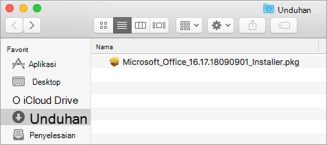 Ikon Unduhan di Dock memperlihatkan paket penginstal Office 365