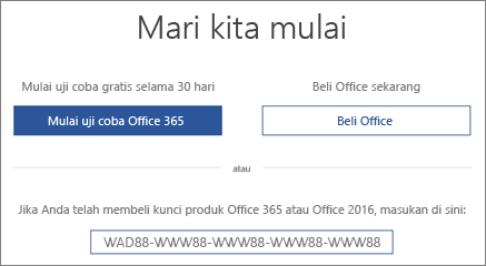 Menampilkan layar "Mari mulai" yang menunjukkan bahwa versi uji coba Office 365 disertakan dengan perangkat ini