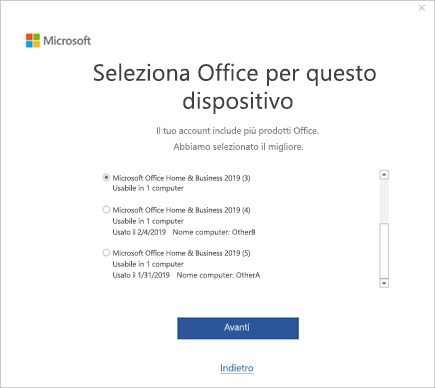 Screenshot della finestra Seleziona Office per questo dispositivo