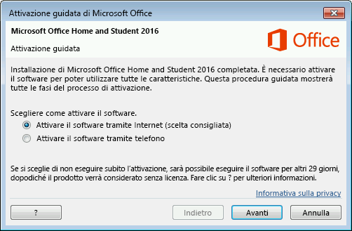 Visualizza l'Attivazione guidata di Microsoft Office