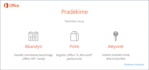 Ekrano nuotrauka, kurioje rodomos numatytosios bandymo, įsigijimo arba aktyvinimo parinktys, skirtos naujam asmeniniam kompiuteriui, kuriame iš anksto įdiegtas „Office“.