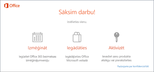 Ekrānuzņēmums, kurā redzamas noklusējuma izmēģināšanas, iegādes vai aktivizēšanas opcijas datorā, kurā ir iepriekš instalēta sistēma Office.