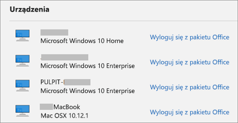 Wyświetla listę urządzeń z systemem Windows i Mac oraz link wylogowania z usługi Office na stronie account.Microsoft.com