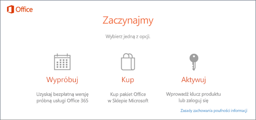Zrzut ekranu przedstawiający domyślne opcje wypróbowania, zakupienia lub aktywowania dla komputera z wstępnie zainstalowanym pakietem Office.
