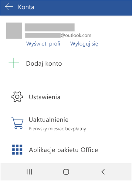 Wyświetla opcję Wyloguj się z usługi Office na urządzeniu z systemem Android