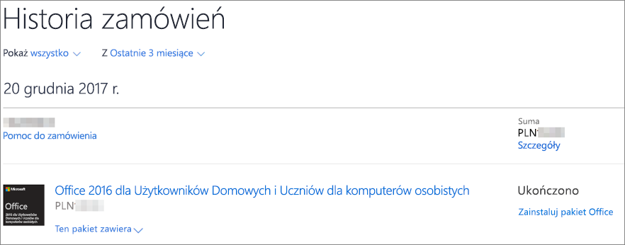 Strona Historia zamówień w witrynie Microsoft Store