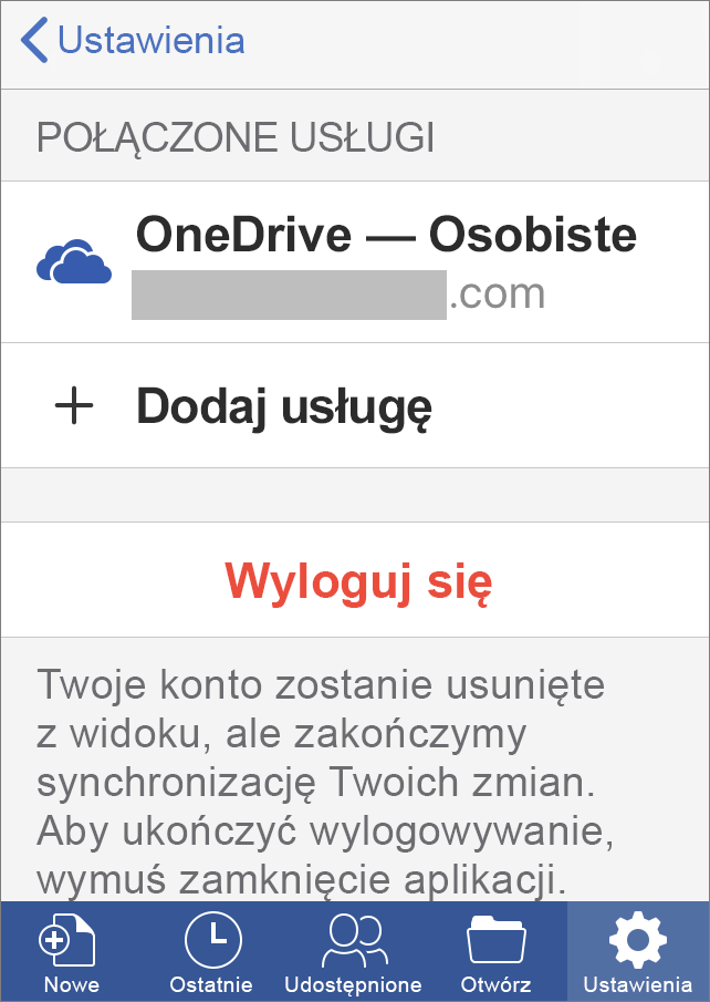 Wyświetla opcję Wyloguj się z usługi Office dla systemu iOS