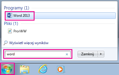 Wyszukiwanie aplikacji pakietu Office w systemie Windows 7