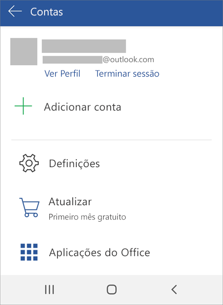 Apresenta a opção para Terminar Sessão no Office num dispositivo Android