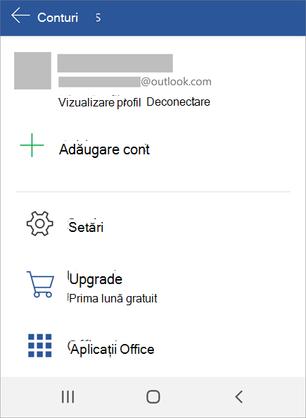 Afișează opțiunea de deconectare de la Office pe un dispozitiv Android