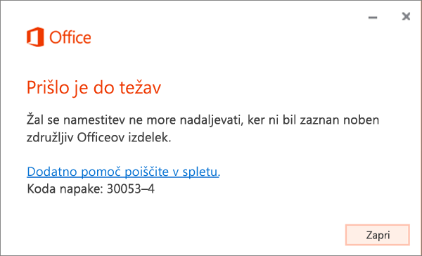 Sporočilo o napaki 30053 »Prišlo je do neznane napake«