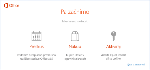 Posnetek zaslona, na katerem so prikazane privzete možnosti preskusa, nakupa ali aktiviranje za računalnik, v katerem je Office vnaprej nameščen.