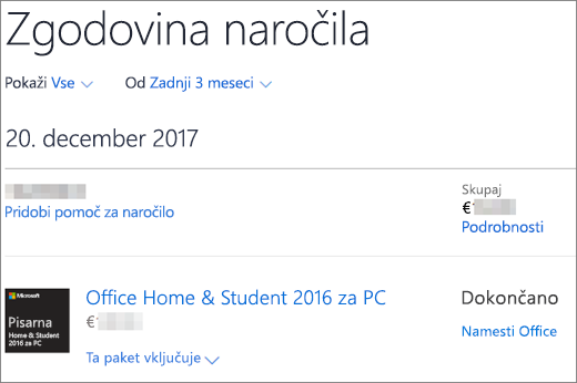 Prikazuje stran z zgodovino naročil v trgovini Microsoft Store