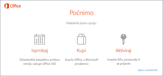 Snimak ekrana koji prikazuje podrazumevane opcije za probu, kupovinu ili aktivaciju za računar na kojem je Office unapred instaliran.