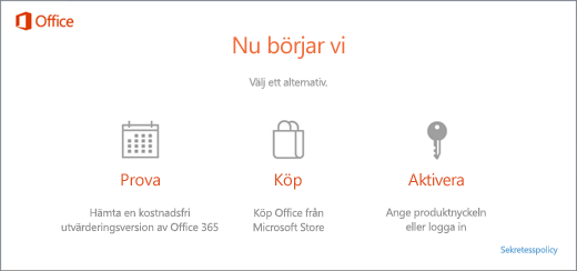 En skärmbild visar standardalternativen för att prova, köpa eller aktivera en dator som levereras med Office förinstallerat.