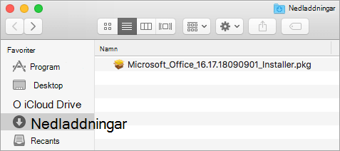 Ikonen Hämtningsbara filer i Dock visar installationspaketet för Office 365