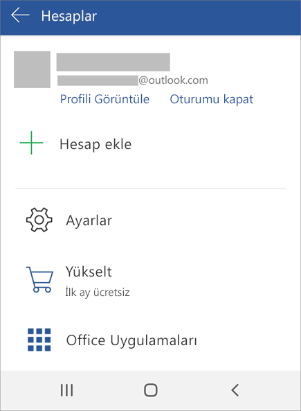 Android cihazda Office oturumu kapat seçeneğini gösterir