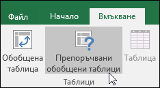 Отидете на "Вмъкване > Препоръчани обобщени таблици", за да накарате Excel да създаде обобщена таблица вместо вас