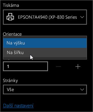 V rozevíracím seznamu Orientace klikněte na možnost Na šířku.