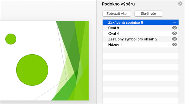 Zobrazuje funkci skrytí pro podokno výběru v Office 2016 pro Mac