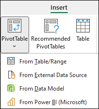 Rozevírací seznam Vložit kontingenční tabulku zobrazující možnost „z Power BI“.